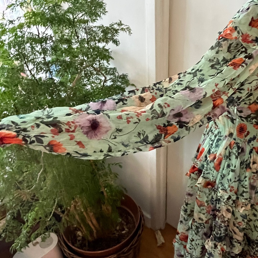 NWOT BHLDN Romantic Mint Floral Chiffon Plunge Long-Sleeve Ruffle Maxi Dress - Picture 7 of 12